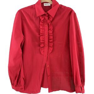 Vintage 80s Ruffle Secretary Blouse Shirt L Red Tuxedo Poet Pirate Valentines